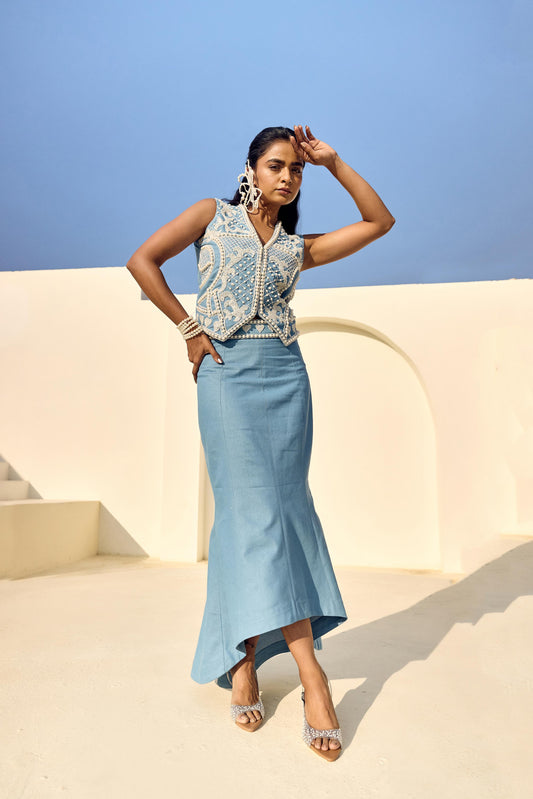 PEARL DENIM WAIST COAT WITH DENIM HIGH LOW SKIRT