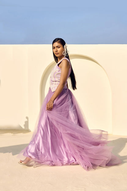 PEARL PURPLE WAIST COAT WITH NET LONG SKIRT