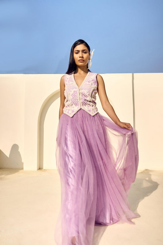 PEARL PURPLE WAIST COAT WITH NET LONG SKIRT