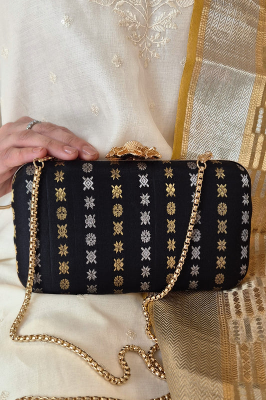 PALKI PURE KANCHI SILK CLUTCH - BLACK