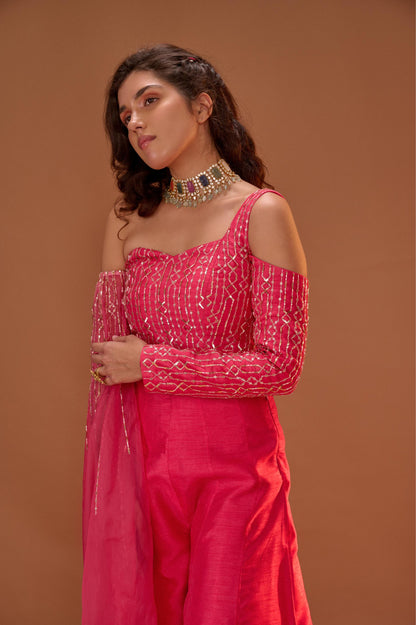 HOT PINK PALAZO WITH DRAPED CROP TOP