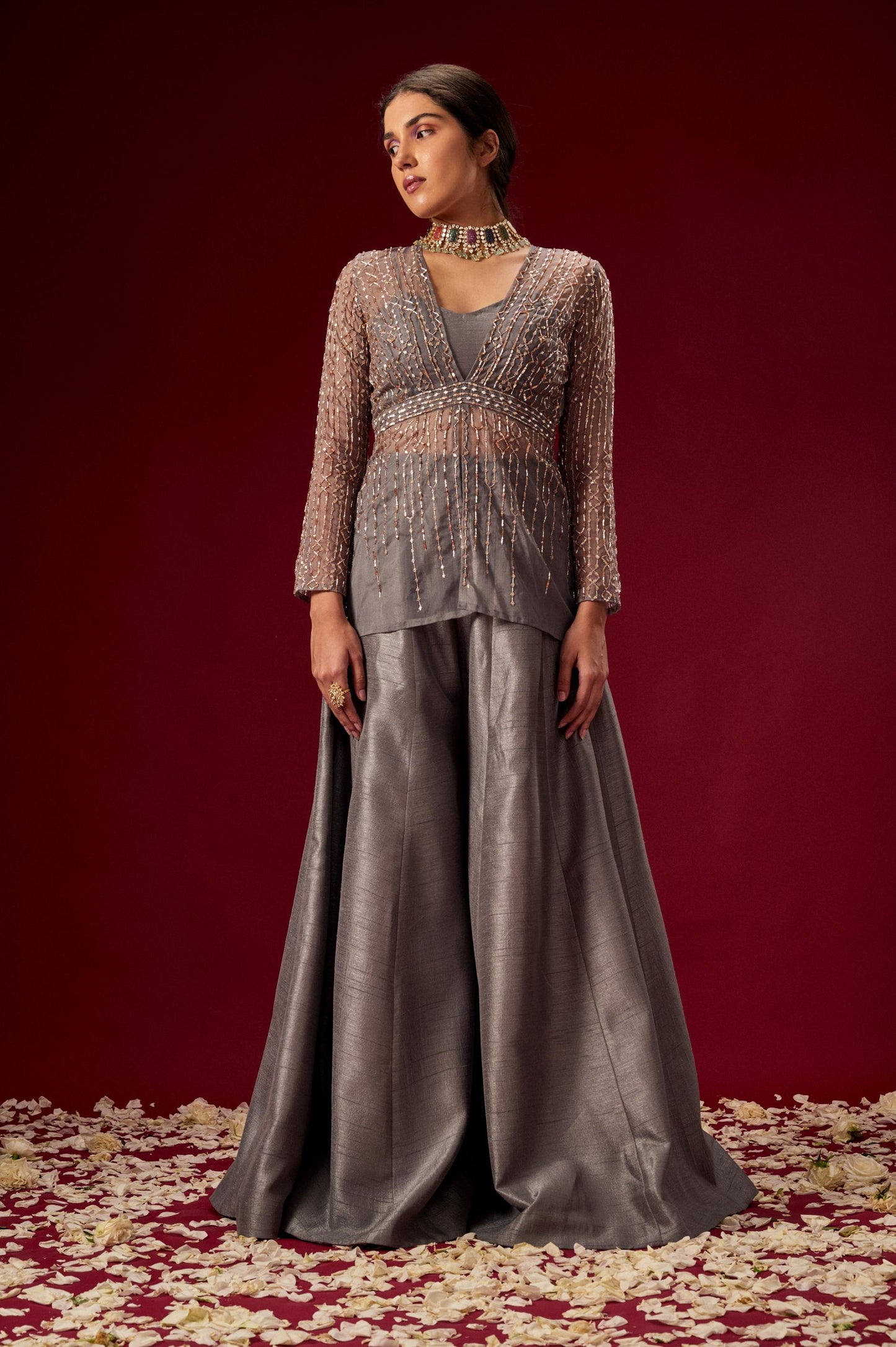 GREY PALAZO WITH ORGANZA EMBELLISHED TOP