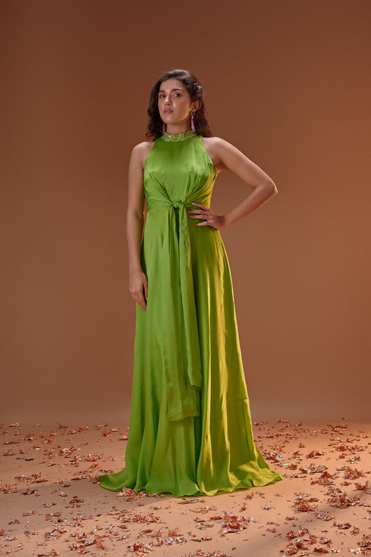 GREEN HALTER NECK DRESS