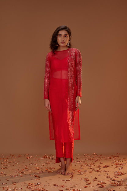 RED ORGANZA KURTA WITH PANTS