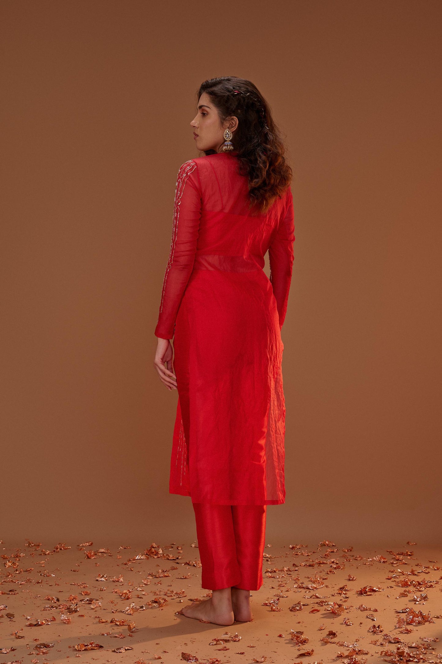 RED ORGANZA KURTA WITH PANTS