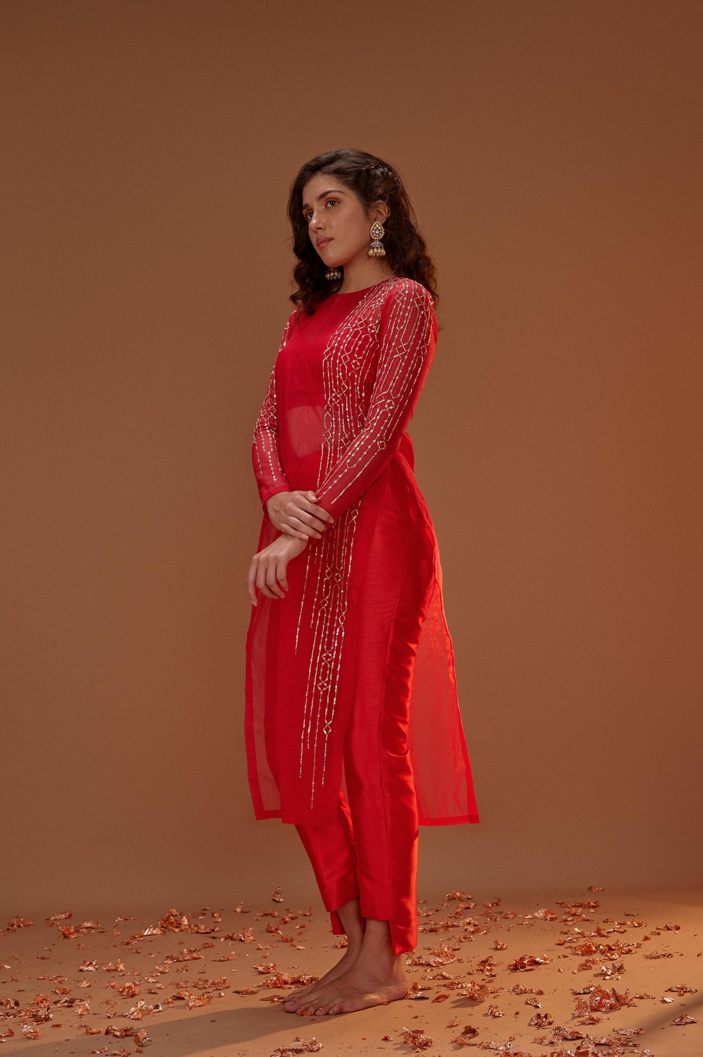 RED ORGANZA KURTA WITH PANTS