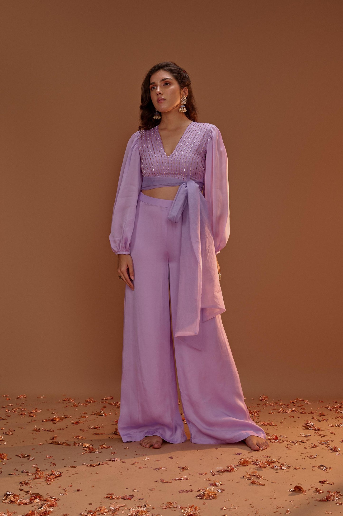 LILAC  CROP TOP WITH PALAZO AND ORGANZA TIE UP