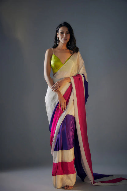 BLOCK SAREE IN TISSUE WITH EMBROIDERED BLOUSE