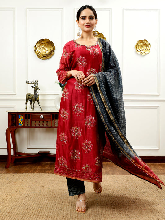 BURGUNDY CHANDERI SILK KURTA SET