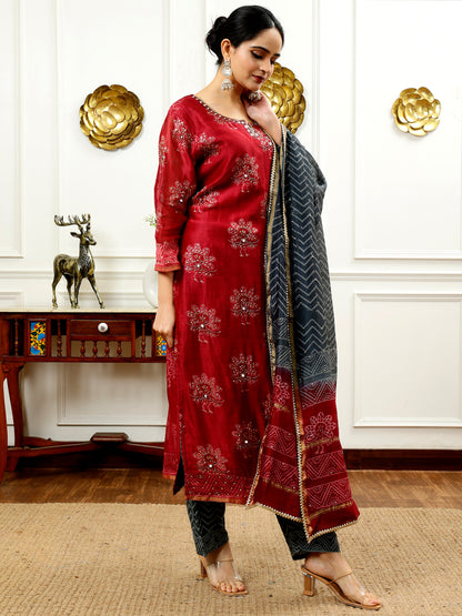 BURGUNDY CHANDERI SILK KURTA SET