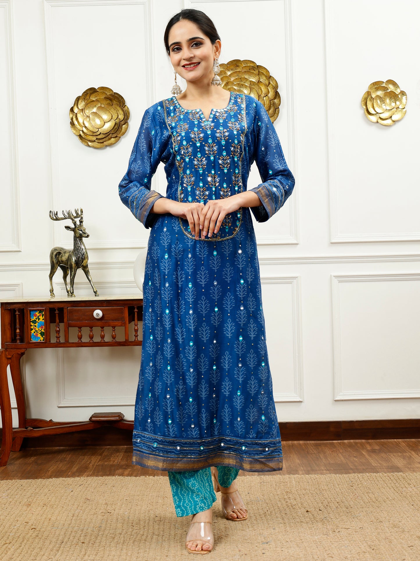 BLUE CHANDERI SILK KURTA SET