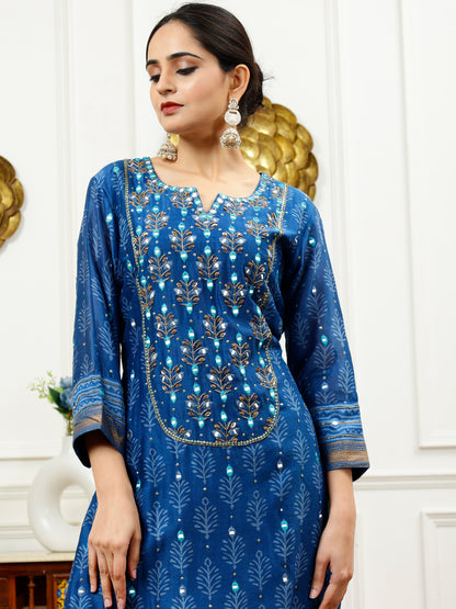 BLUE CHANDERI SILK KURTA SET