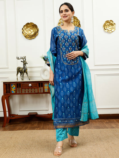 BLUE CHANDERI SILK KURTA SET