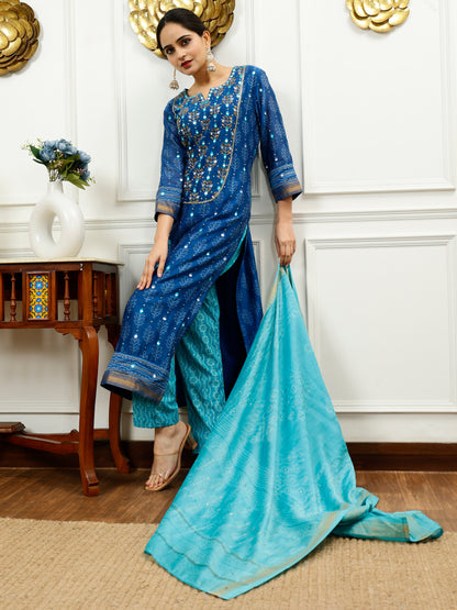 BLUE CHANDERI SILK KURTA SET