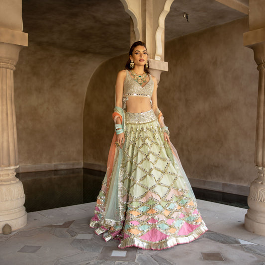 HAND EMBROIDERED BLOUSE WITH MULTICOLOUR PATCH WORK LEHENGA