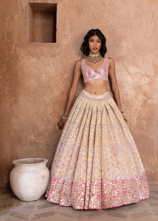 HAND EMBROIDERED BLOUSE WITH PRINTED LEHENGA