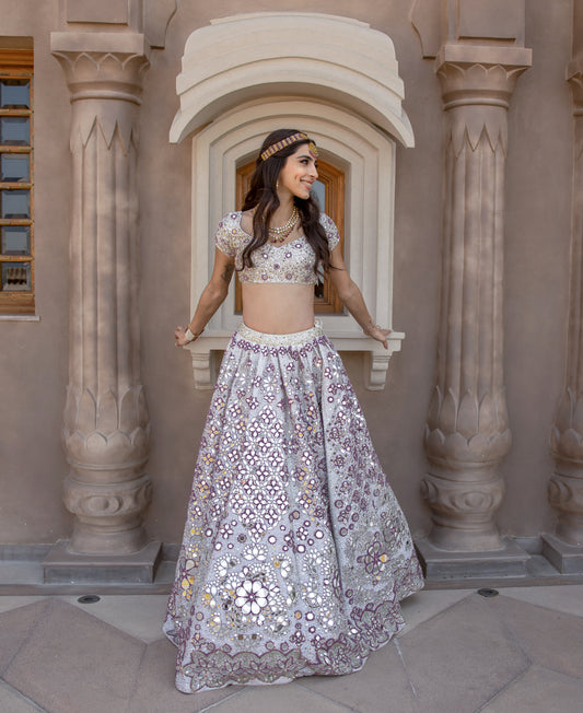 LILAC AND IVORY HAND EMBROIDERED LEHENGA