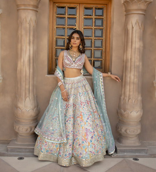 HAND EMBROIDERED BLOUSE WITH PASTEL SHADE PRINTED LEHENGA