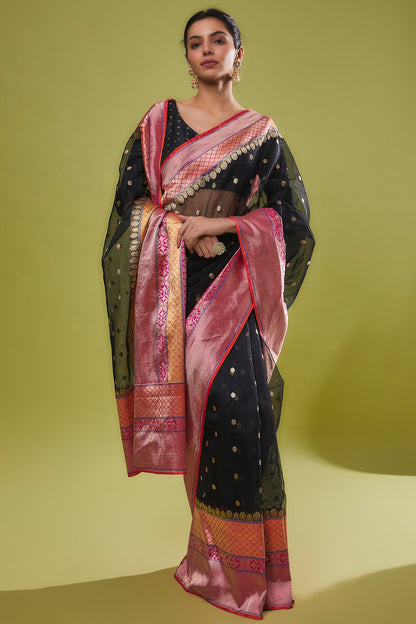 BLACK KORA SILK SAREE