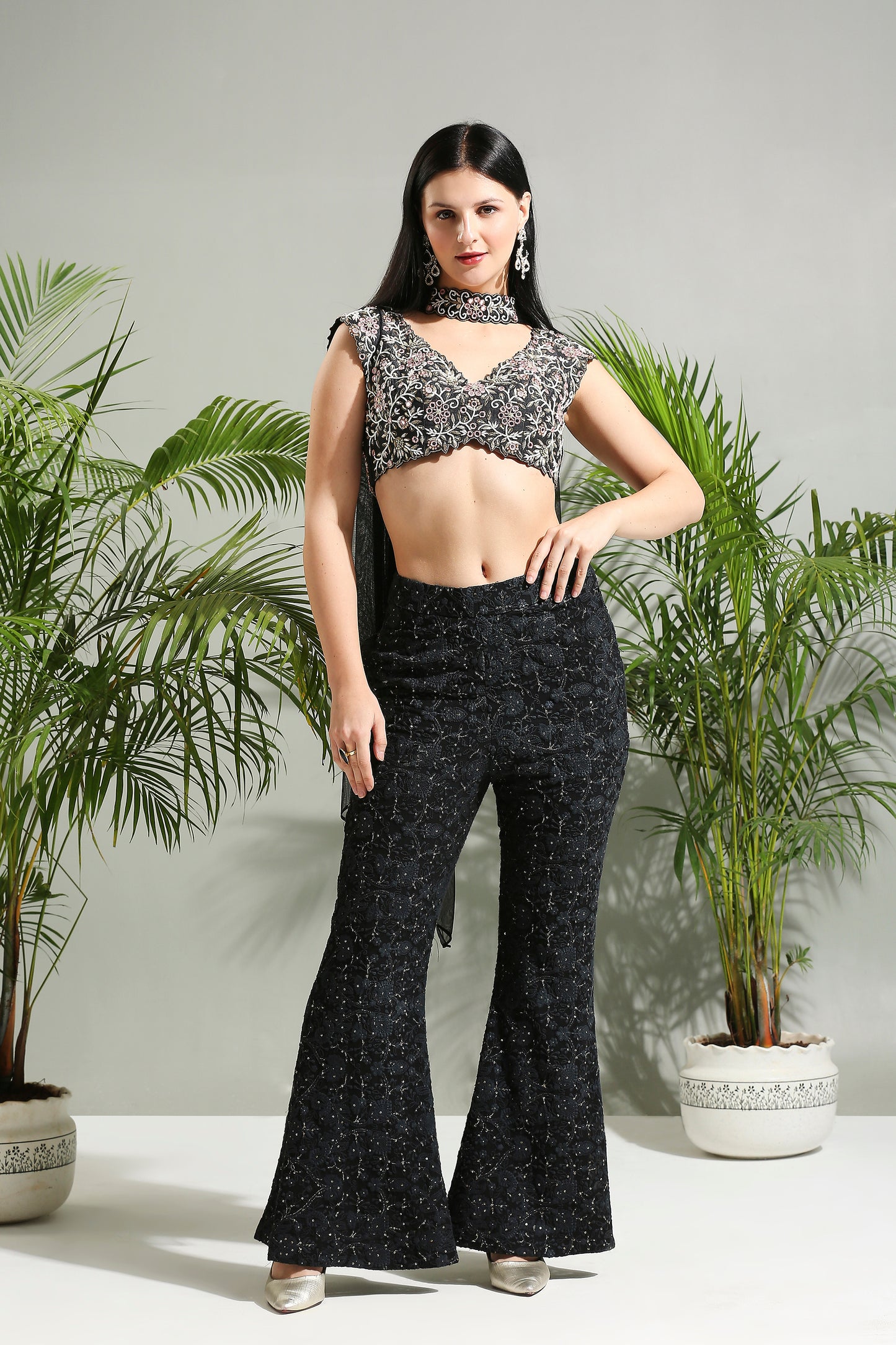 BLACK THREAD AND MIRROR HAND EMBROIDERED PALAZZO SET