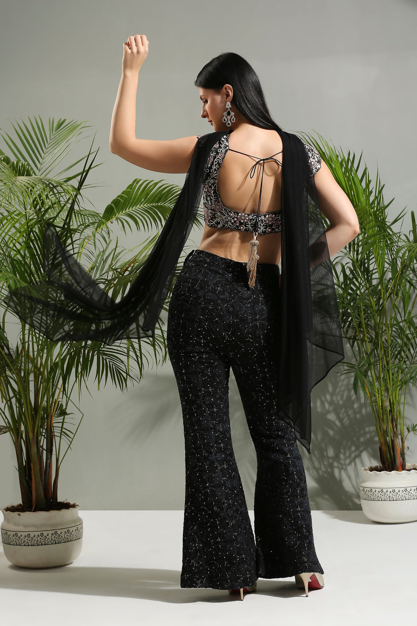 BLACK THREAD AND MIRROR HAND EMBROIDERED PALAZZO SET