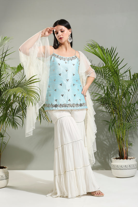 POWDER BLUE AND IVORY SHARARA SET