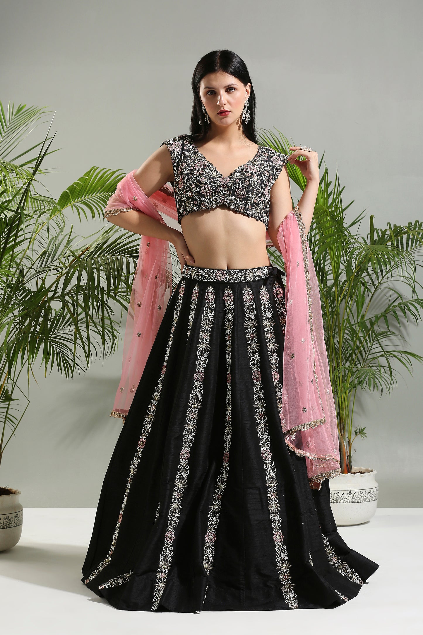 BLACK AND PINK THREAD AND MIRROR HAND EMBROIDERED LEHENGA SET