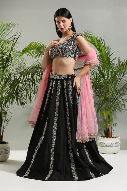 BLACK AND PINK THREAD AND MIRROR HAND EMBROIDERED LEHENGA SET