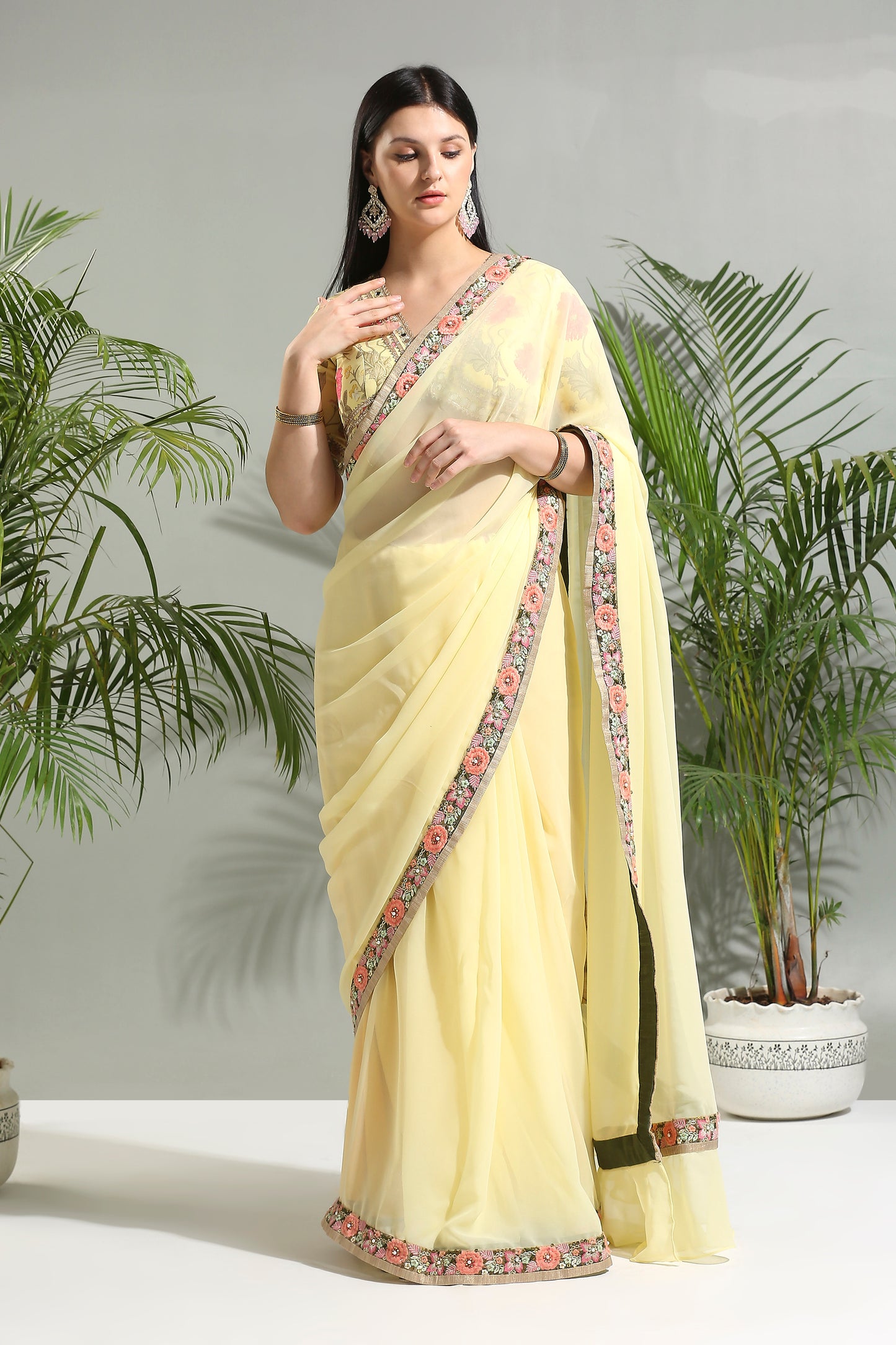 YELLOW SAREE WITH FLORAL BLOUSE