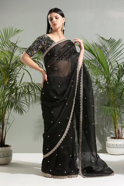 BLACK ORGANZA SAREE WITH EMBROIDERED BLOUSE