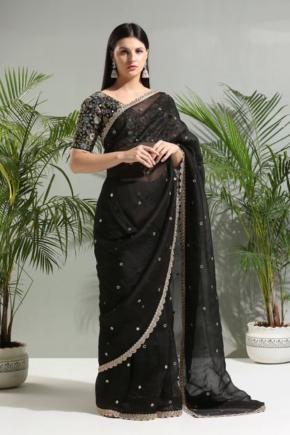 BLACK ORGANZA SAREE WITH EMBROIDERED BLOUSE