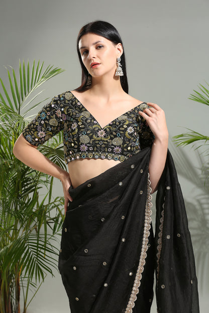 BLACK ORGANZA SAREE WITH EMBROIDERED BLOUSE