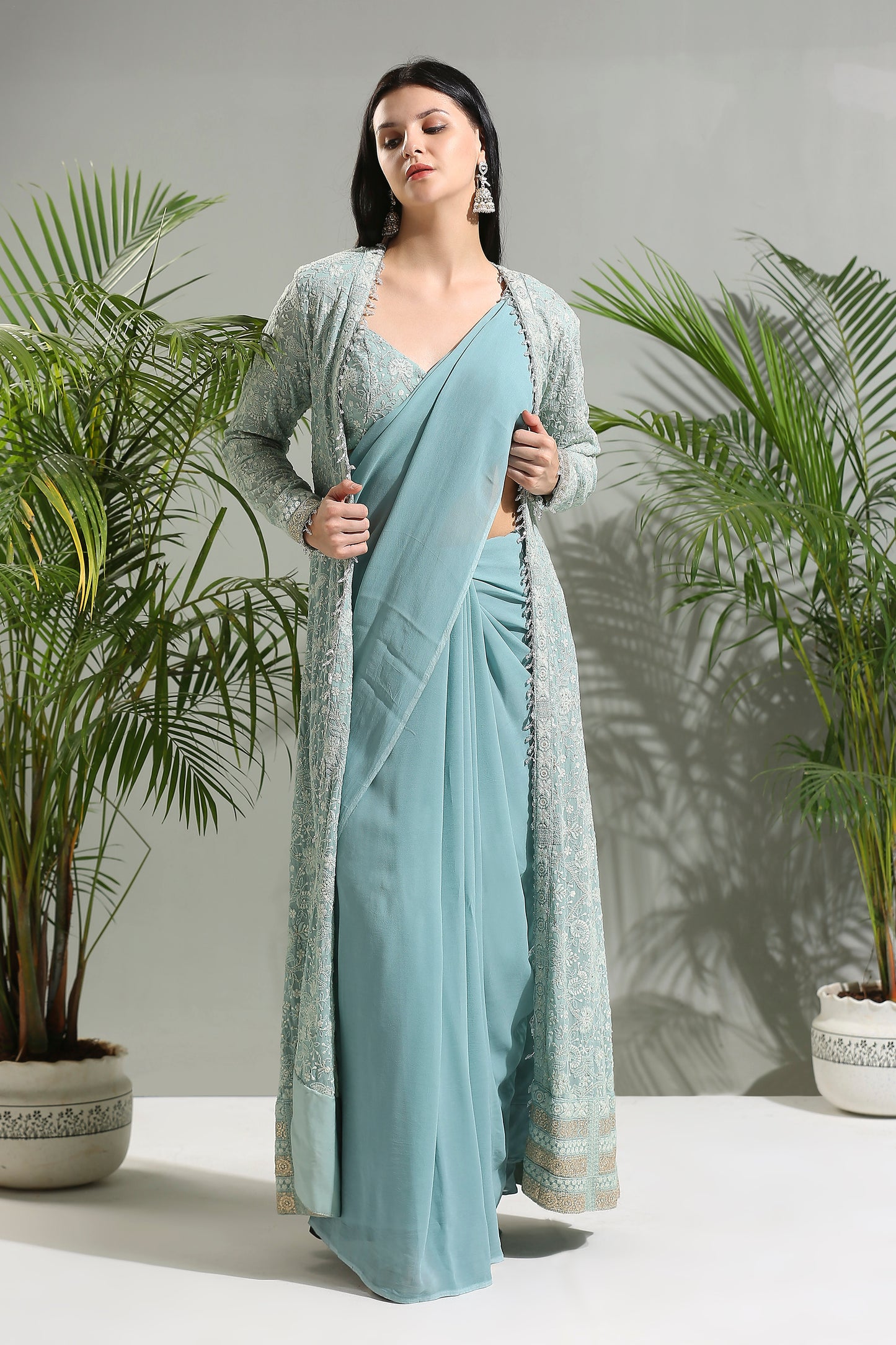 DUSTY BLUE SAREE SET WITH JACKET