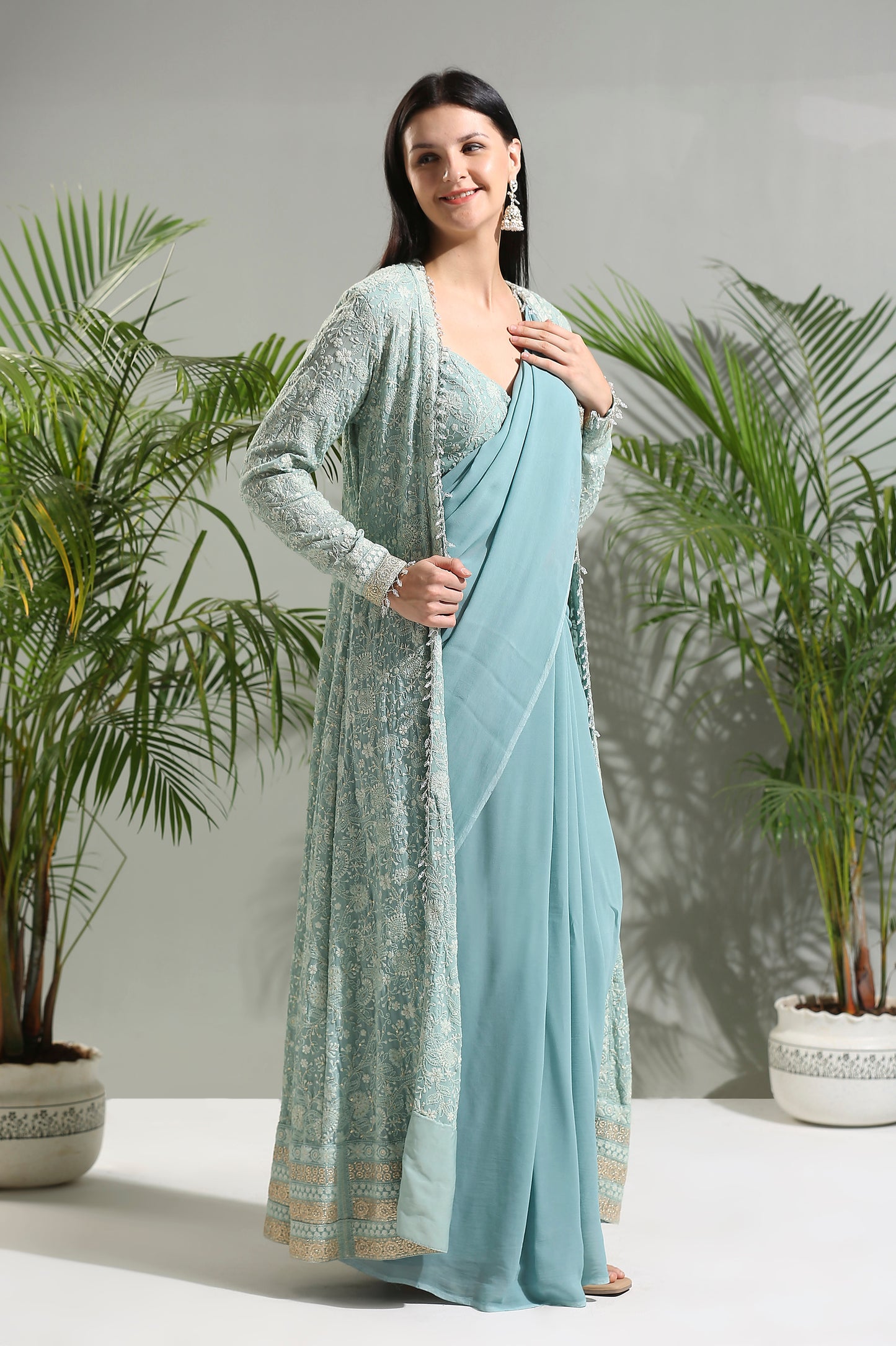 DUSTY BLUE SAREE SET WITH JACKET