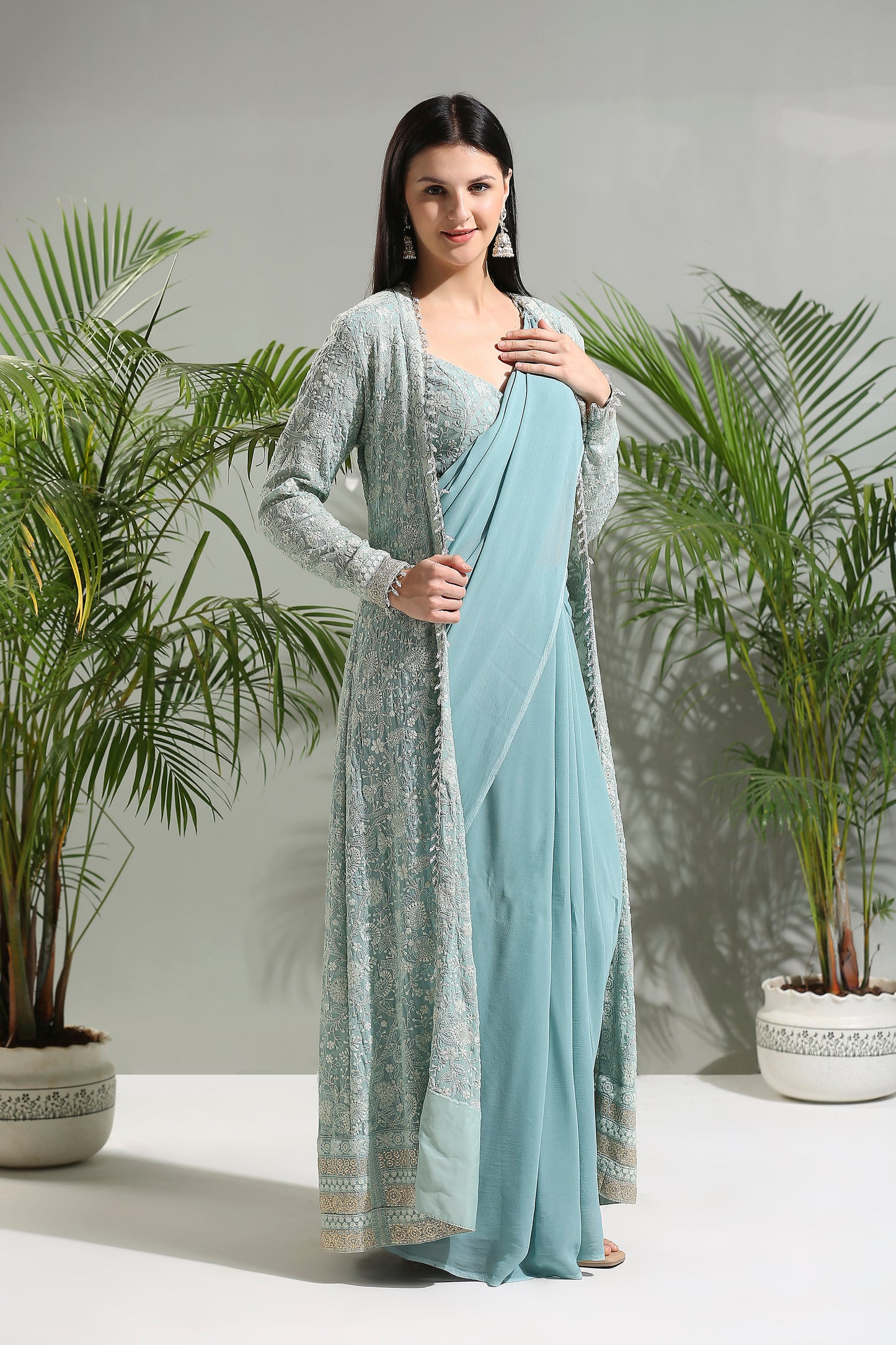 DUSTY BLUE SAREE SET WITH JACKET