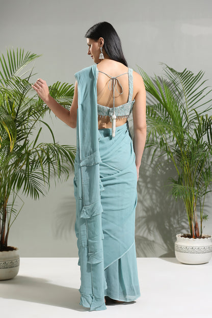 DUSTY BLUE SAREE SET WITH JACKET