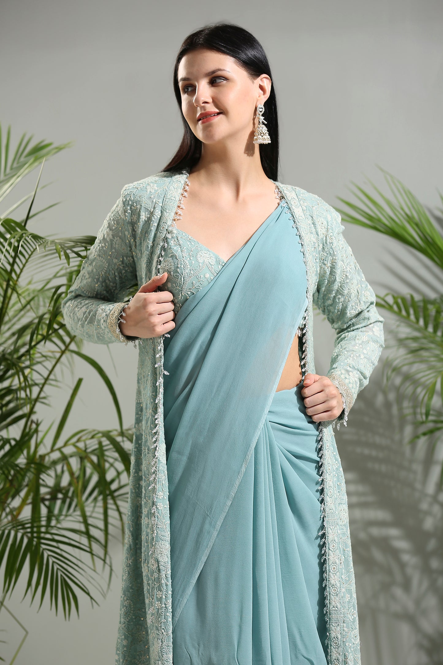 DUSTY BLUE SAREE SET WITH JACKET