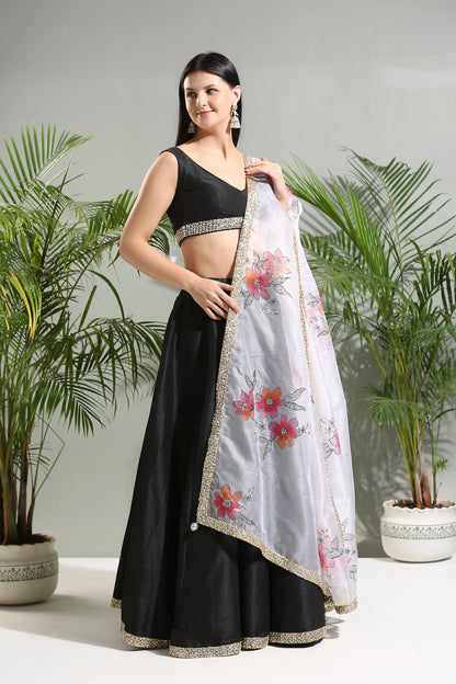 BLACK RAW SILK LEHENGA SET WITH HAND PAINTED DUPATTA