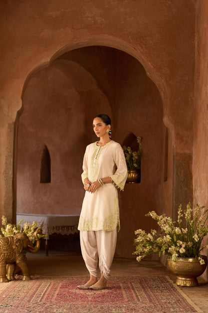 RUHI - DAISY IVORY WITH MINT GREEN SHORT KURTA AND DHOTI