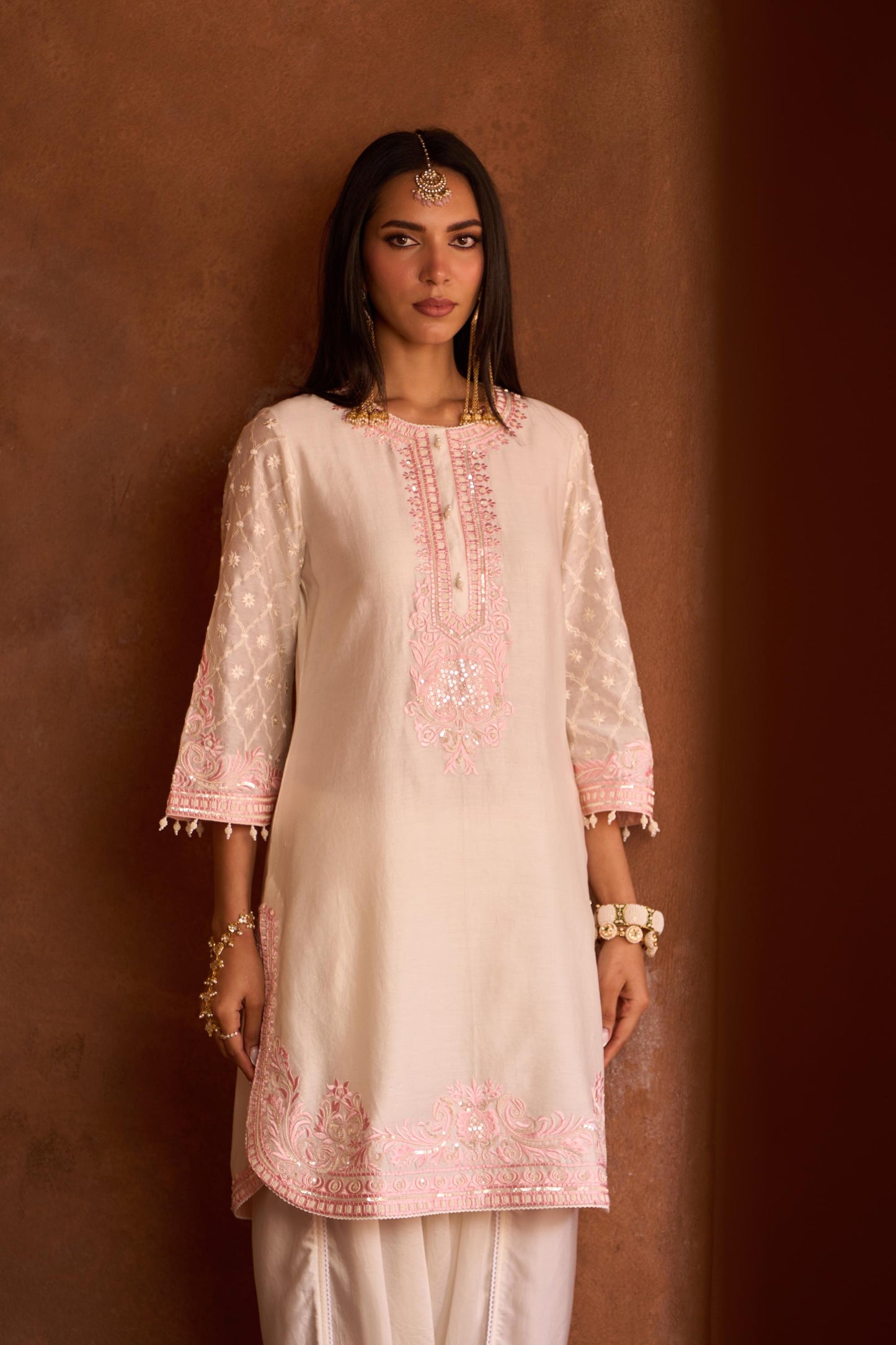 RUHI - DAISY IVORY WITH PINK SHORT KURTA AND DHOTI