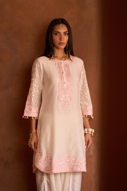 RUHI - DAISY IVORY WITH PINK SHORT KURTA AND DHOTI