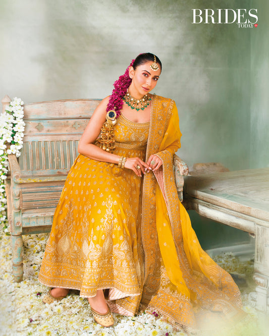AFRAA - MUSTARD ANARKALI SET WITH PALAZZO & DUPATTA