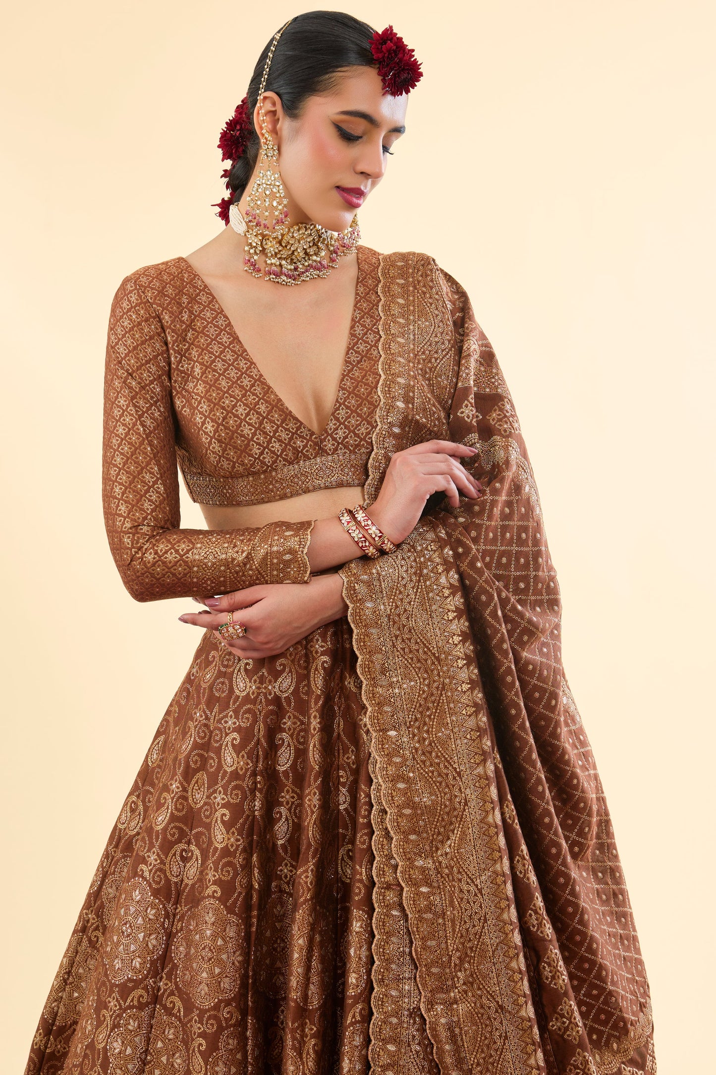 SHEESH MAHAL BROWN LEHENGA WITH DUPATTA SET OF 3