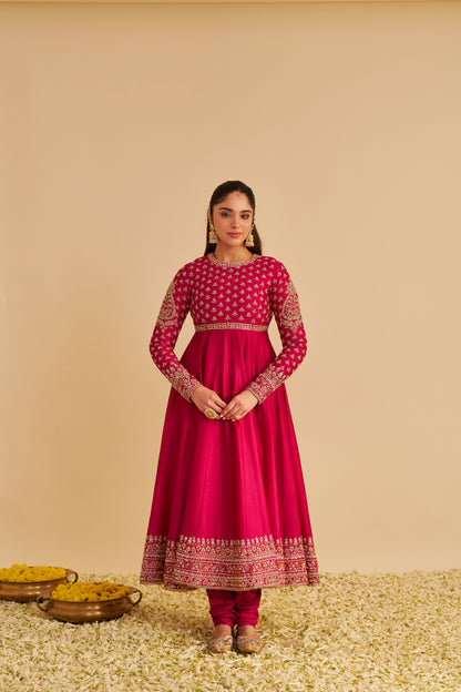 NOOR - DABKA ZARDOZI EMBROIDERED CHANDERI SILK HOTPINK ANARKALI SET