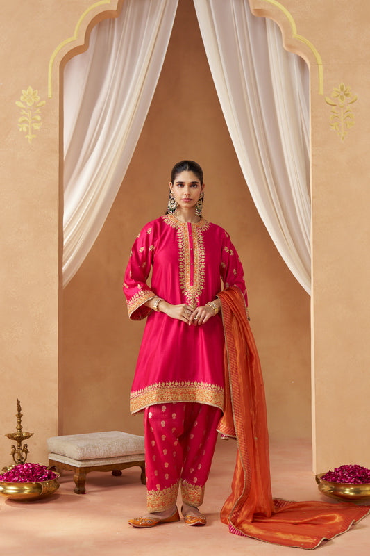 ZEENAL HOTPINK A-LINE KAAFTAN WITH SALWAR WITH DUPATTA