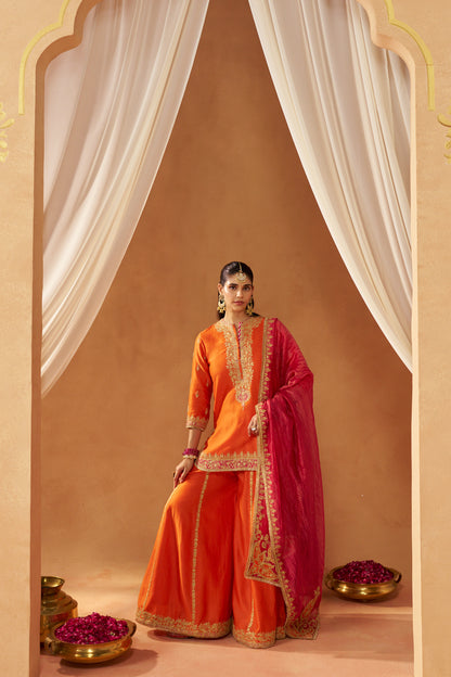 FADIYA BURNT ORANGE KURTA WITH SHARARA AND DUPATTA