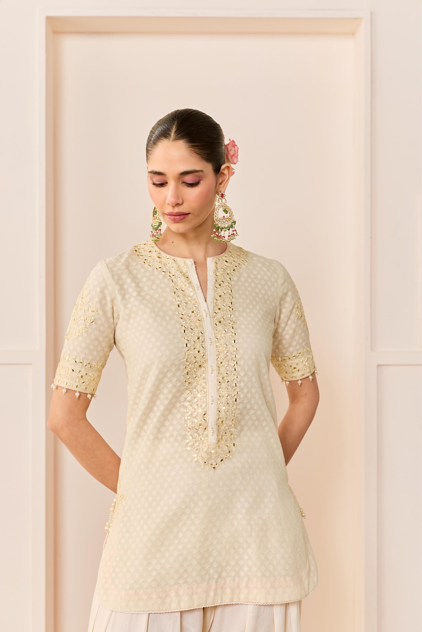 ANAISHA -DAISY IVORY SHORT KURTA WITH FARSHI SALWAR AND DUPATTA