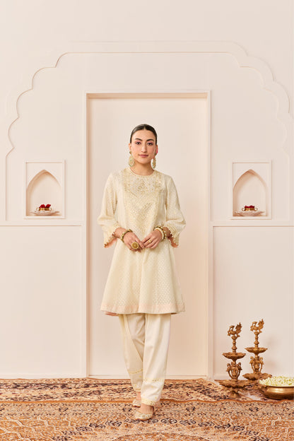 NIDA - DAISY IVORY  SHORT CHOGA WITH FARSHI SALWAR AND DUPATTA