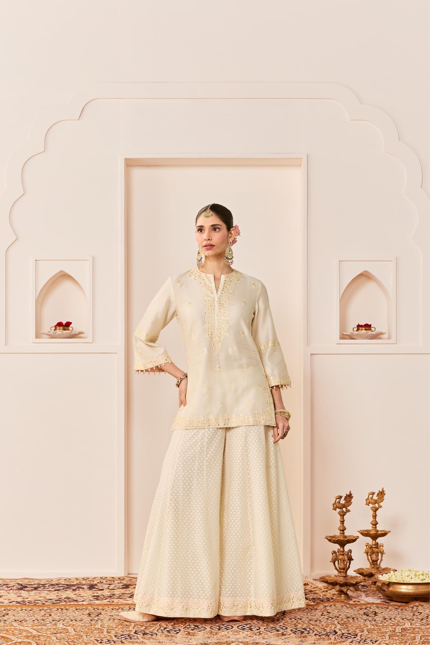 REHMA -DAISY IVORY SHORT KURTA WITH SHARARA AND DUPATTA