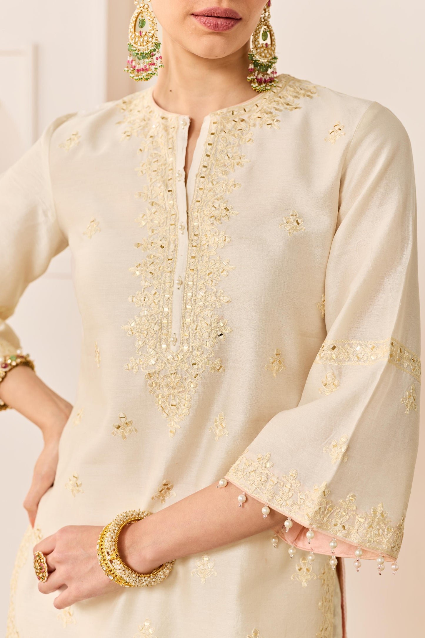 REHMA -DAISY IVORY SHORT KURTA WITH SHARARA AND DUPATTA